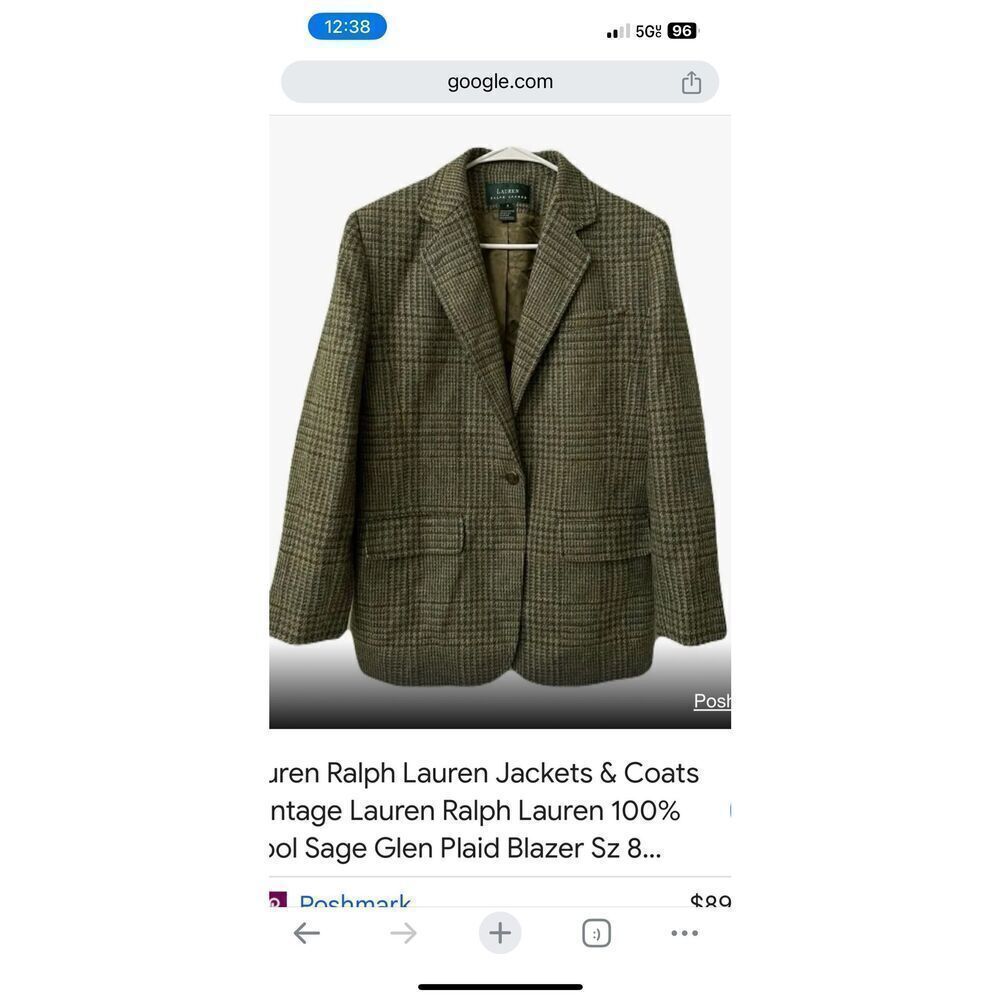 Ralph Lauren Sage Wool Glen Plaid Tweed Equestrian Jacket 14W